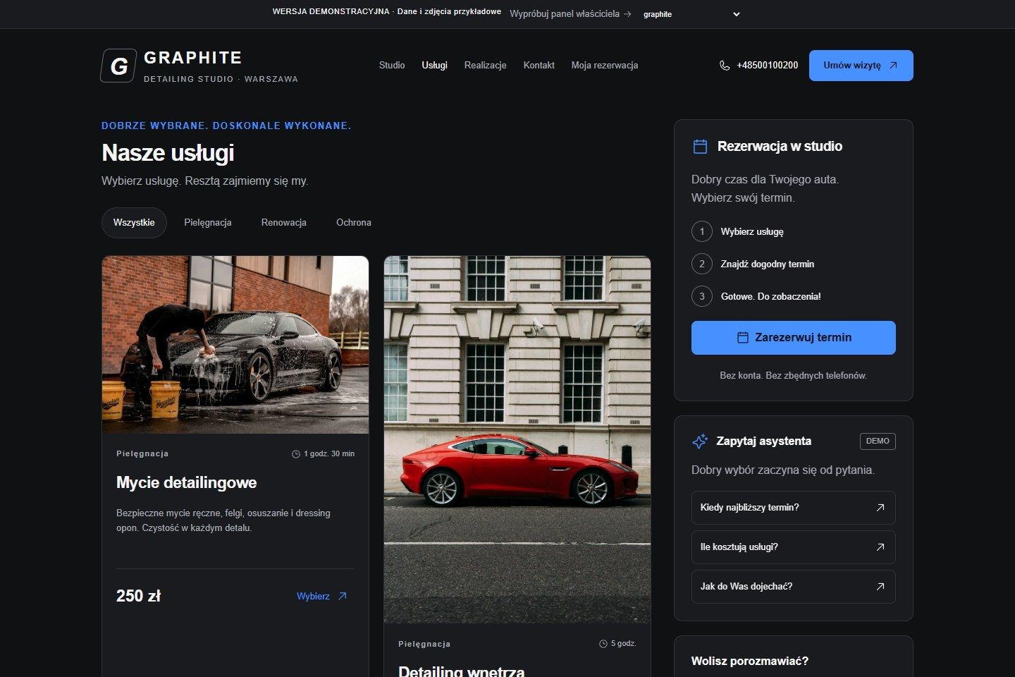 Lista usług demonstracyjnego studia GRAPHITE.